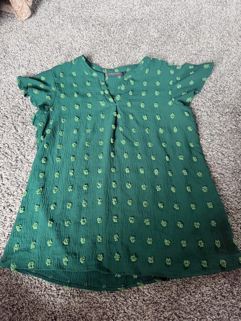Textured Green Flutter-Sleeve Blouse with Dot Motif